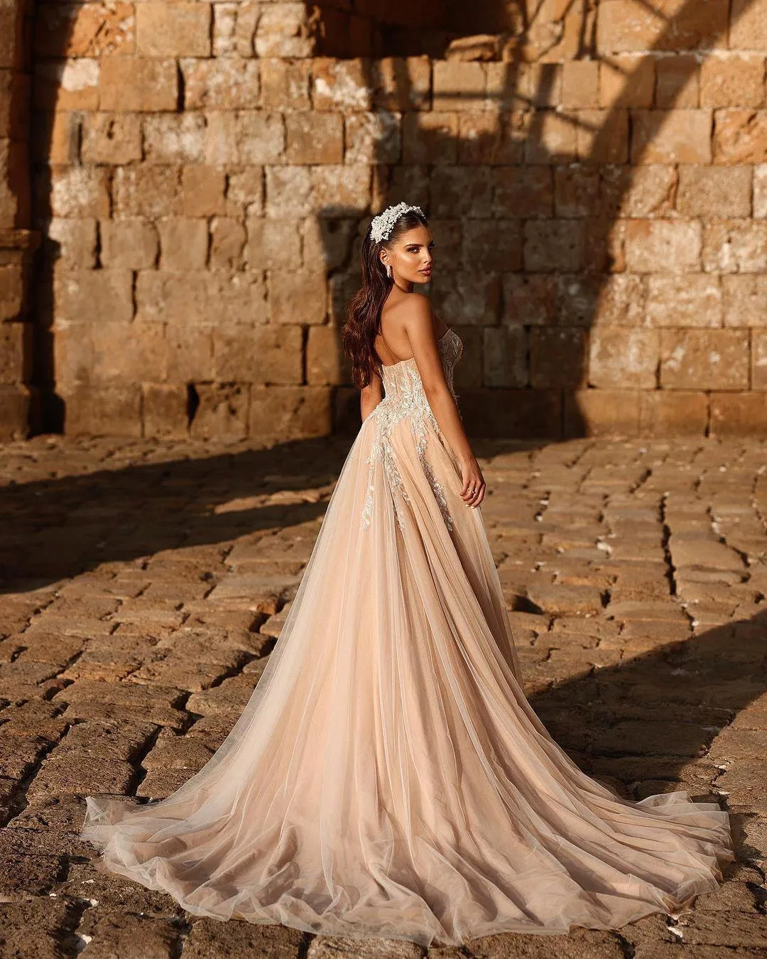 light brown wedding dress Mikado A-Line Wedding Dress with One-Shoulder Floral Strap & Slit 6 main image 1
