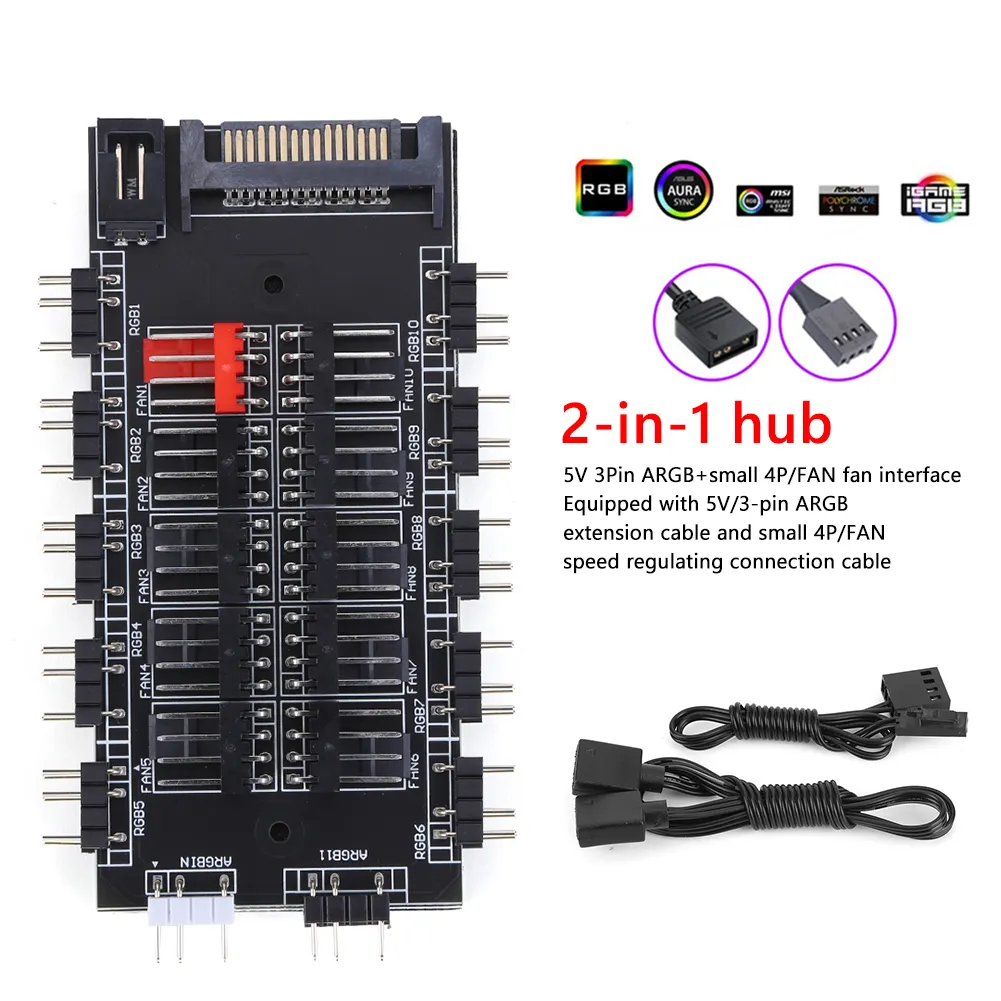 GINTOOYUN 2 Stuks SATA Naar 5V 3-pins ARGB-kabel – Met Kleurknoppen En Resetknopondersteuning – 22AWG, Zuiver Koper