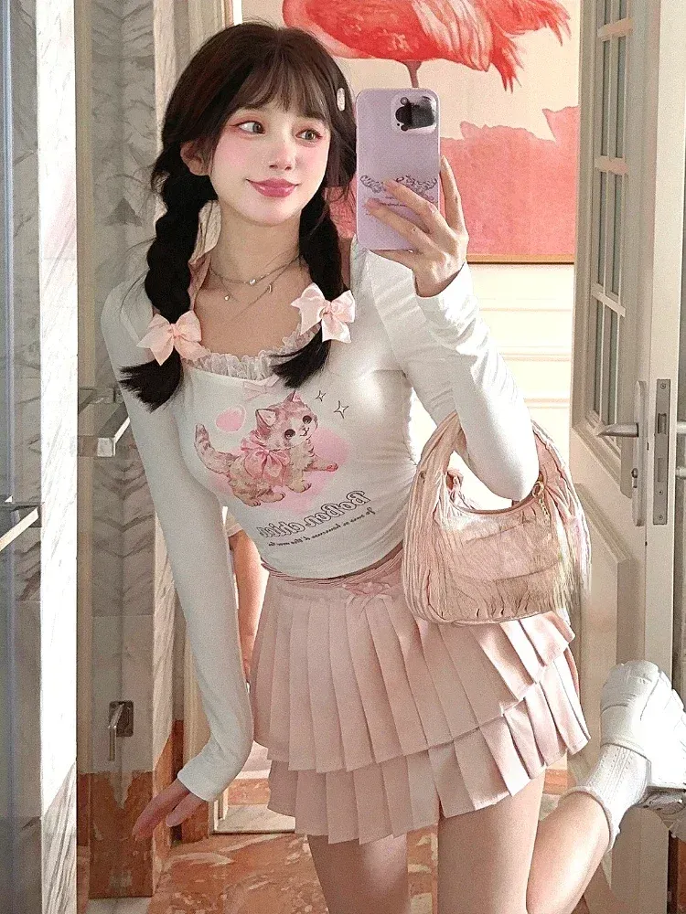 Japanese Kawaii Lolita 2 Piece Set Bow White Korea Sweet Cute Skirts Suit Print Halter Blouse Lace Party Mini Skirt