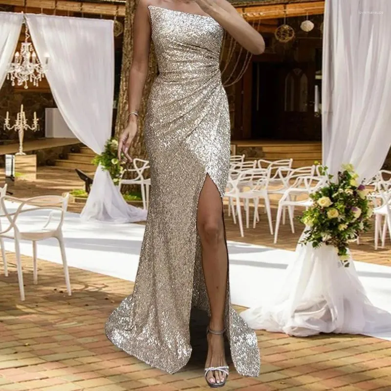 DHgate Elegant Sequin Bandeau Maxi Dress Off Shoulder Backless Party Prom Gown Apparel