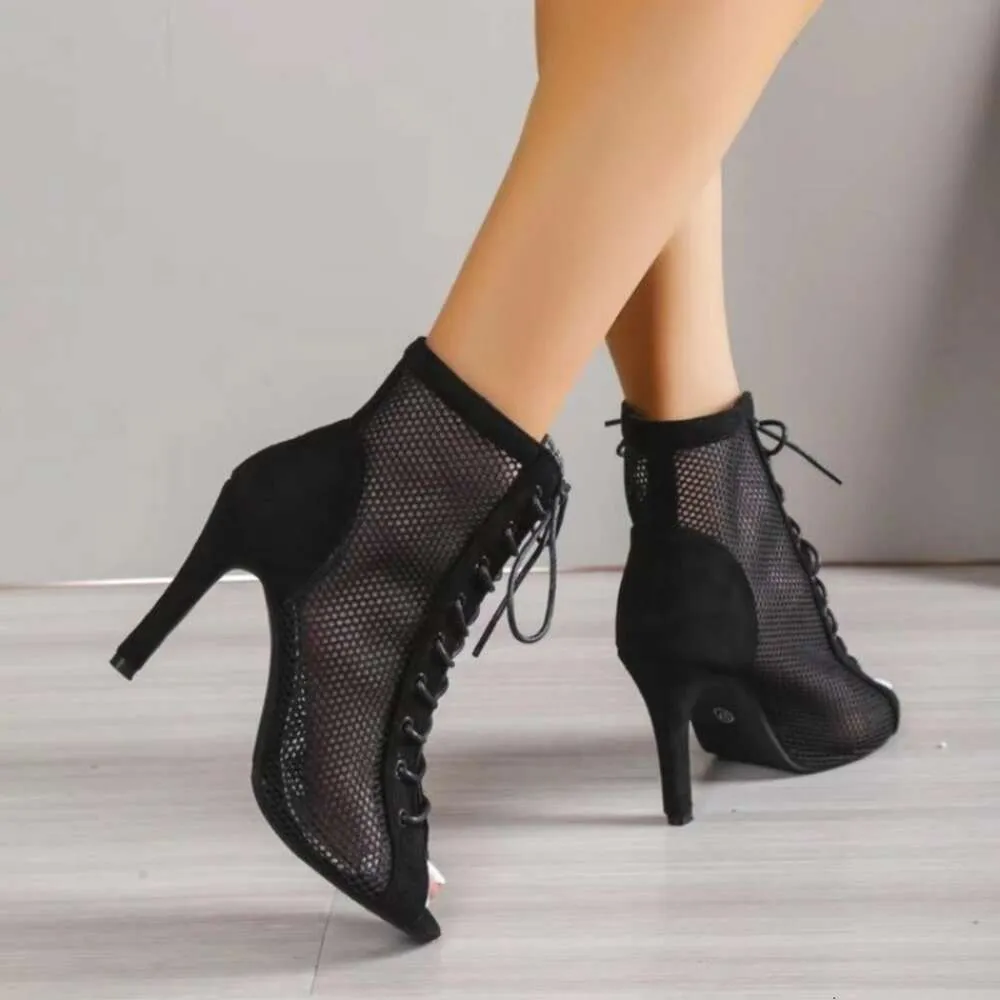 Women Fashion New Show Net Fabric Cross Strap Sexy High Heel Woman Shoes Pumps Lace Up Peep Toe Sandals Casual Mesh_desvips.com