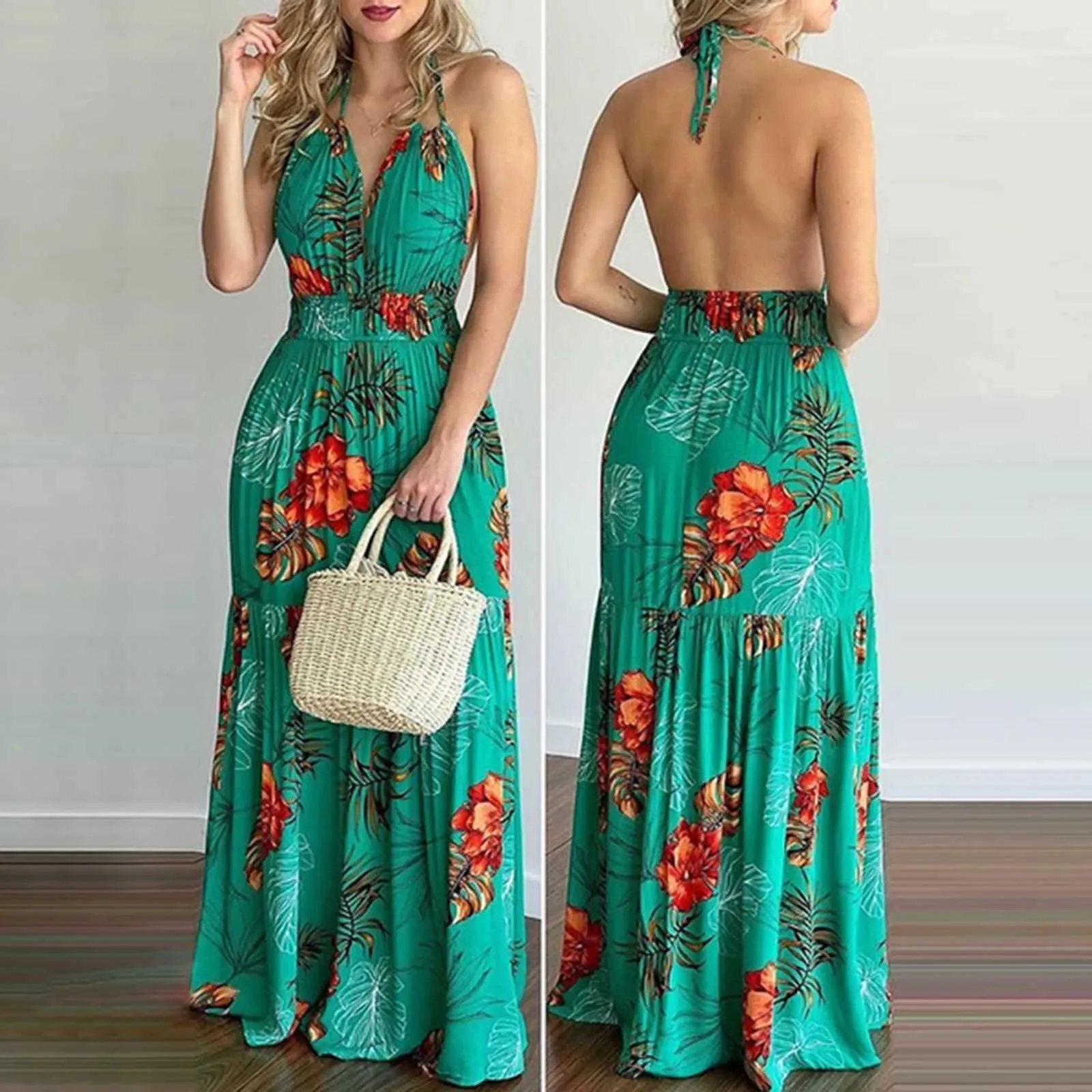 Boho Dress Ebay Ladies Maxi Dresses YODETEY Summer Dresses, Tropical Print  Halter Backless Maxi Dress, Sleeveless