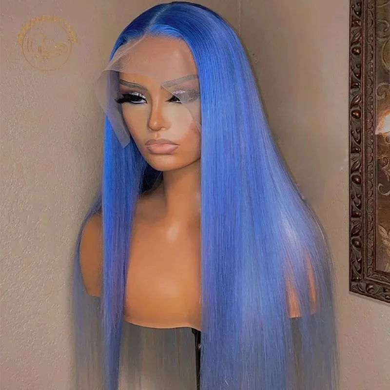 DHgate Brazilian Blue Lace Front Wig Synthetic Straight Remy Blue Human Hair Wigs for Women Pre Plucked Synthetic Hair Closure Wigs Hair Products