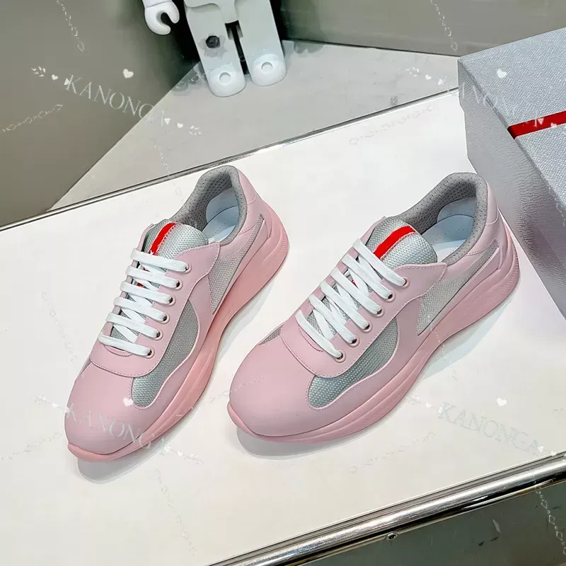 Designer Shoes Mens Shoes Womens Sneakers Classic Casual Shoes Bright Leather Nylon Outdoor Trainers Comfortable Breathable Americas Cup Running Shoes Mesh Shoe