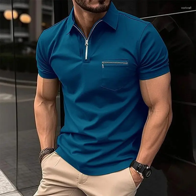 Men s Short Sleeve Polos Casual Solid Color Chest Pocket Zipper Lapel Polo Shirt for Office Summer