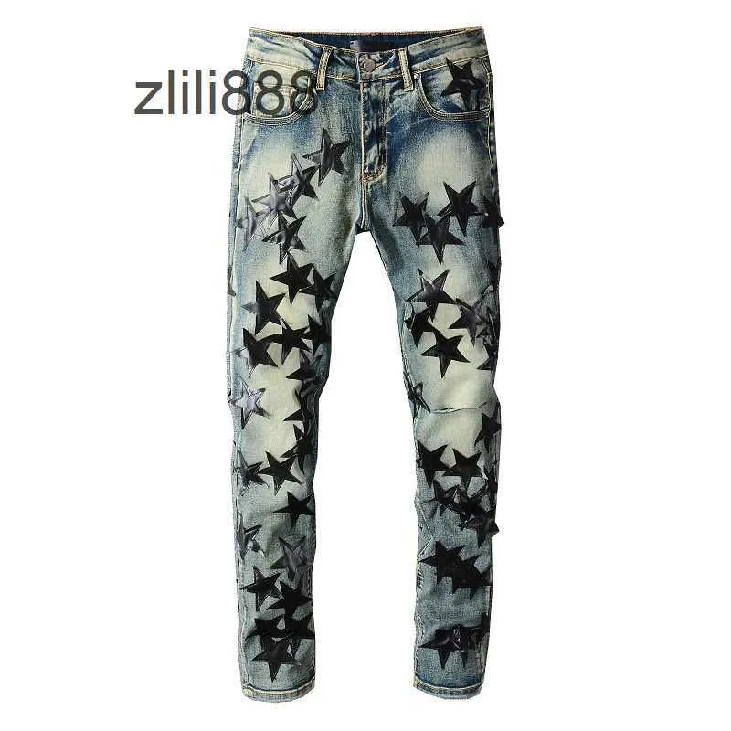 US Drip High Streetwear Distressed Blue Stars Patchwork Skinny Stretch Hole Ripped Jeans_voghion.com