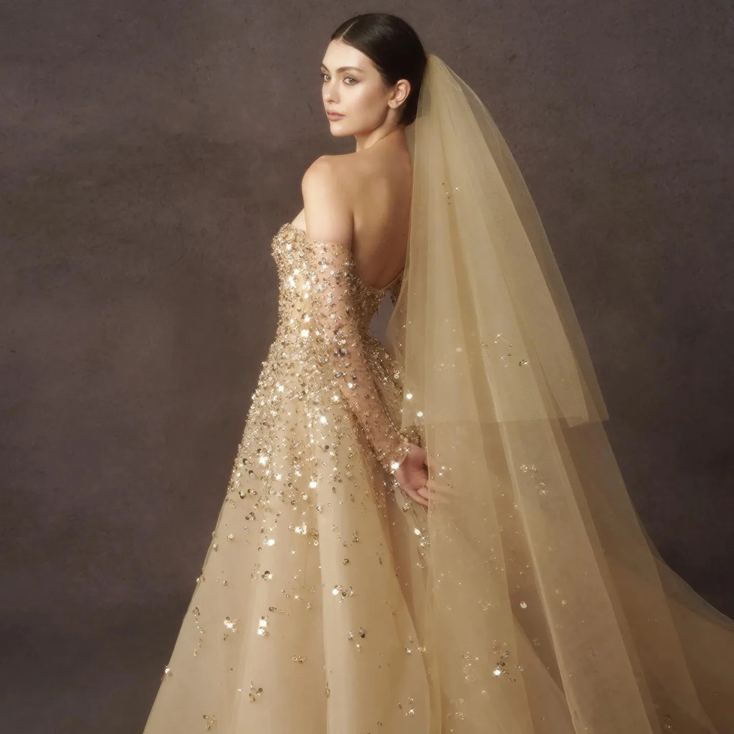 Gold mermaid Gold wedding dress with Beaded Detachable Train, Sequined Long Sleeves, Off-Shoulder Design, and Tulle Skirt - Vestido de Novia