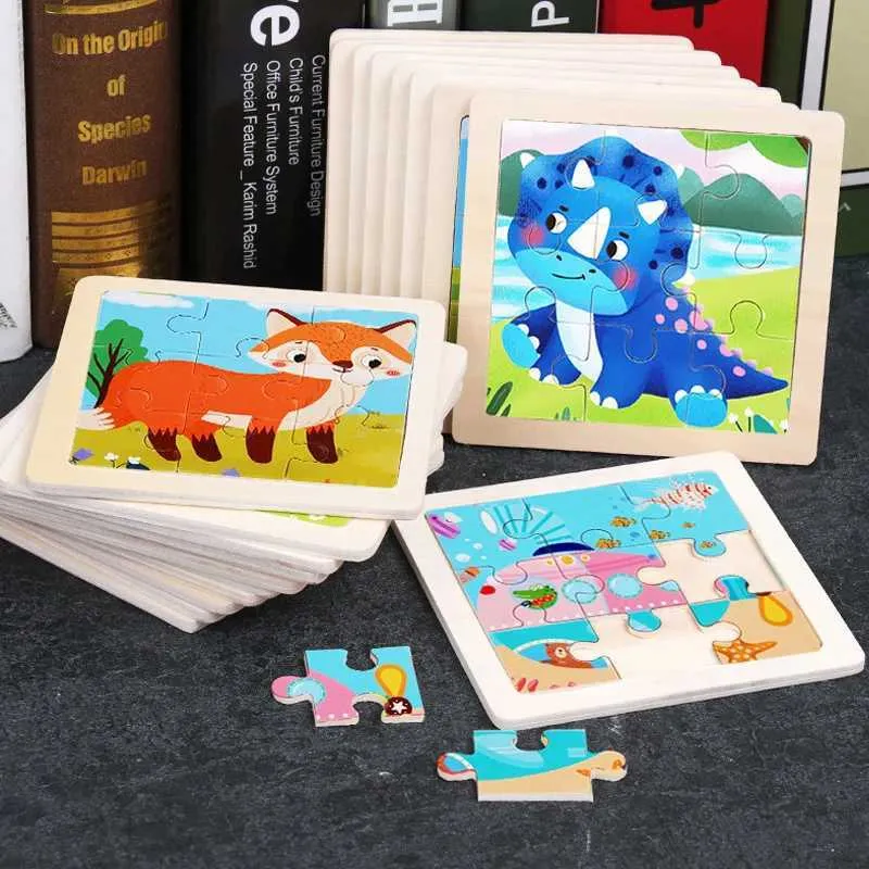3D Wooden Puzzle Colorful Montessori Cartoon Animal Vehicle Jigsaw ...