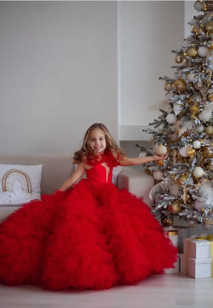 Tulle Flower Girls Dresses Red Christmas Toddler Tiered Gown Formal Photo Shoot Princess Birthday Party Dress With Train 2024 Kids Formal Wear