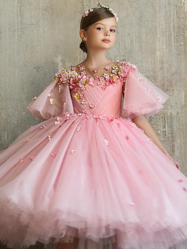 Pink Flower Girl Dress for Weddings Lace Beaded Tulle Short Sleeves Ball  Gown from Dhgate Flower Girls' Dresses - price 356.01