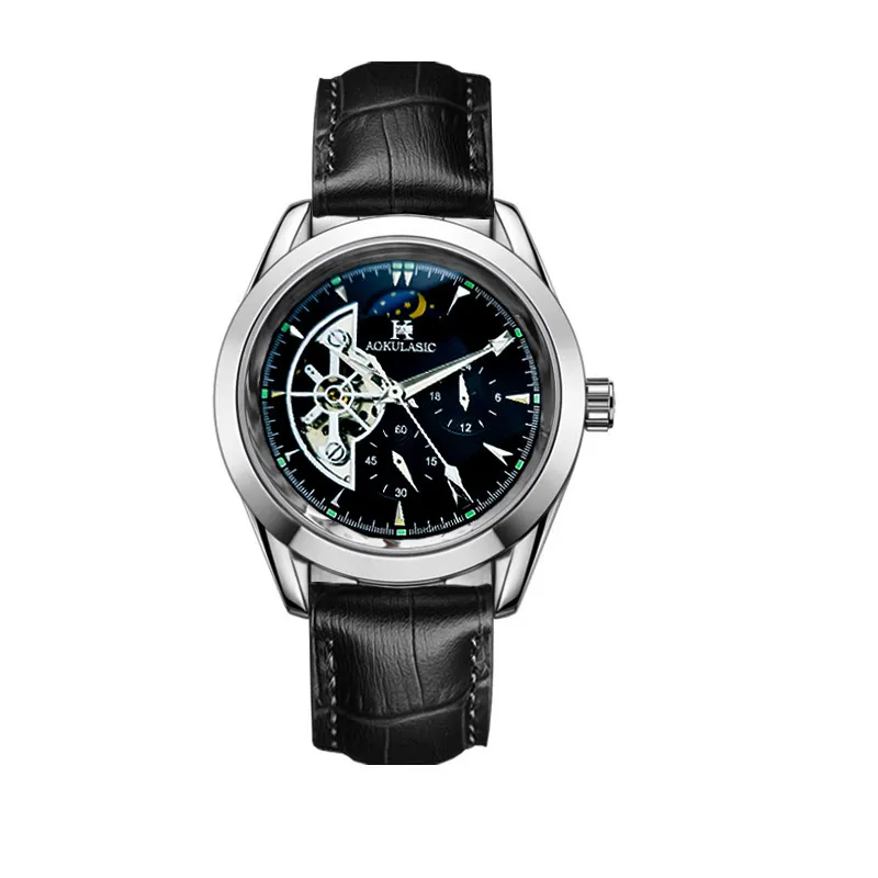 Moda Volano Orologio Uomo Automatico Meccanico - Design A Barilotto Con Fasi Lunari E Luminoso - 2