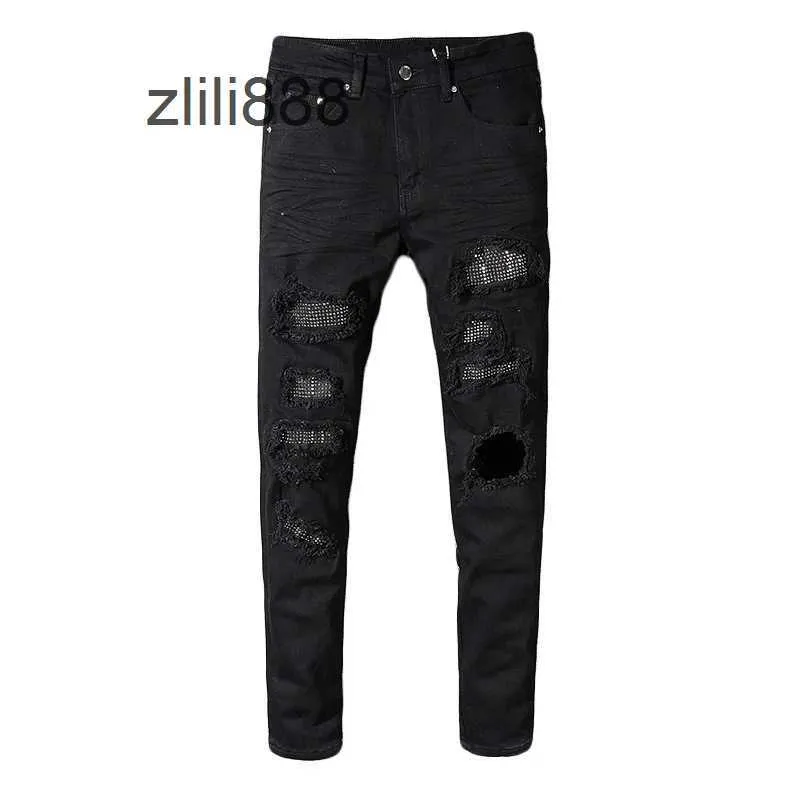 Sokotoo Herren Slim Skinny Jeans mit Kristall-Strass-Patchwork und zerrissenen Jeans Mode-Patch schwarz Stretch-Jeans_voghion.com