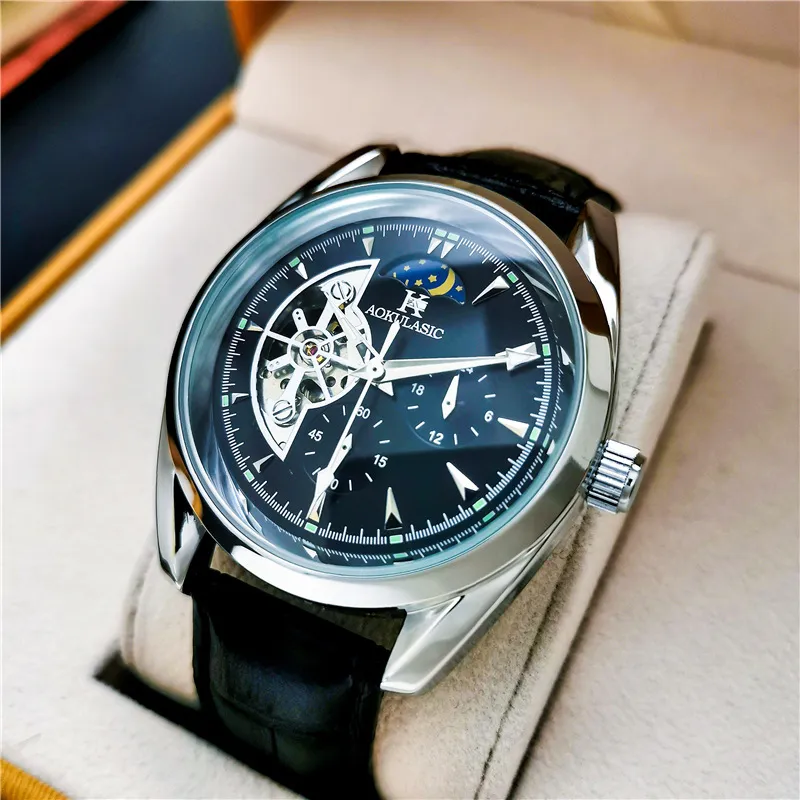 Orologio Uomo Automatico Meccanico Con Fasi Lunari E Quadrante Scheletrato - Design Barile, Cinturino In Silicone, Lusso