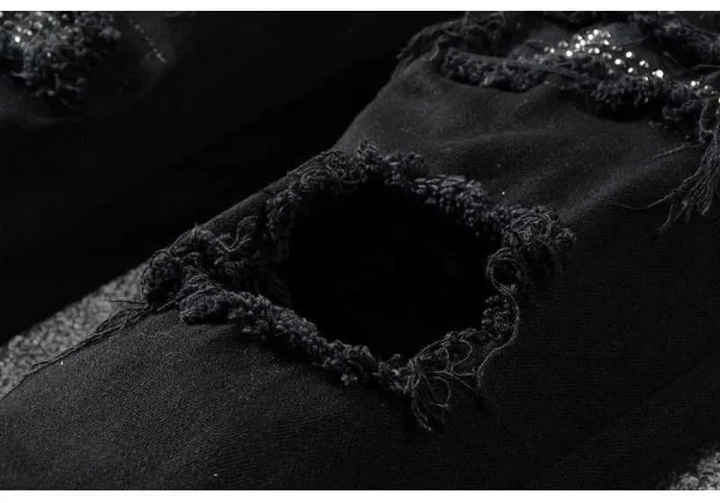 Herren Jeans Slim Fit Ripped Mit Strass Patchwork Schwarz_voghion.com