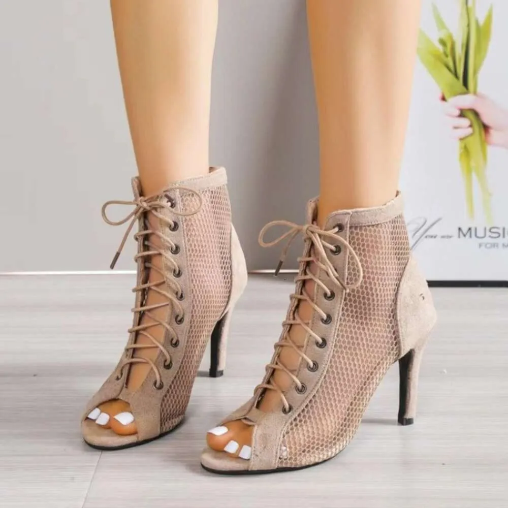 Women Fashion New Show Net Fabric Cross Strap Sexy High Heel Woman Shoes Pumps Lace Up Peep Toe Sandals Casual Mesh_desvips.com