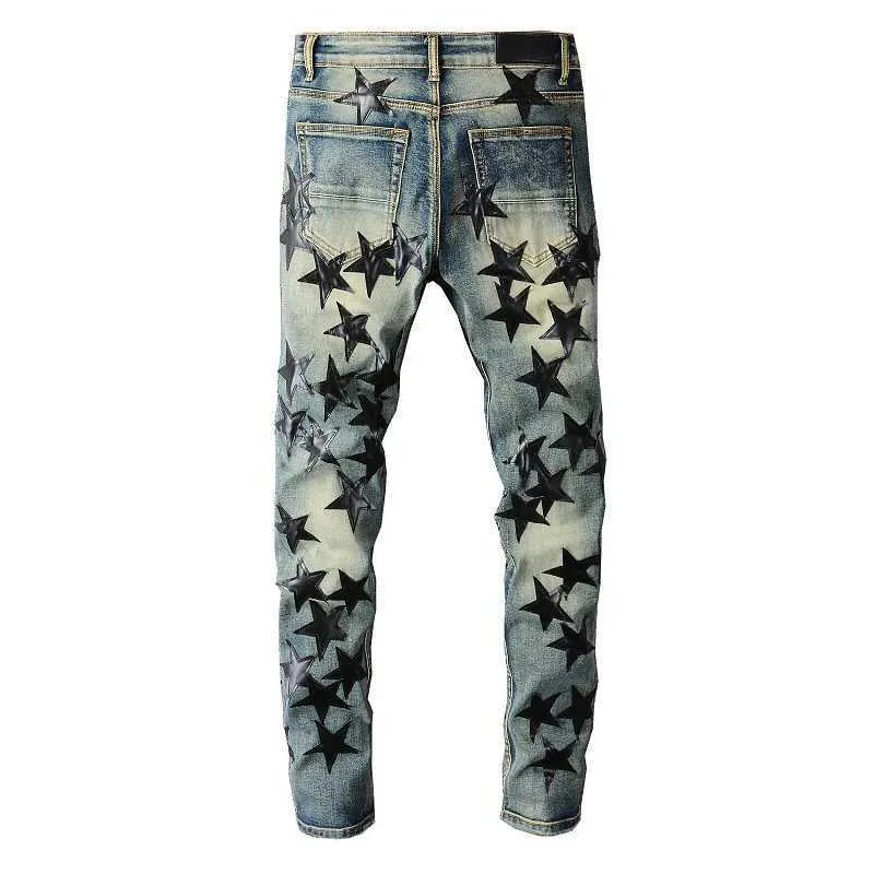 US Drip High Streetwear Distressed Blue Stars Patchwork Skinny Stretch Hole Ripped Jeans_voghion.com