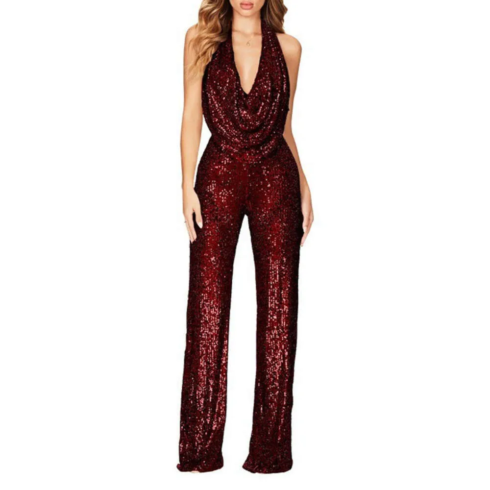 Combinaison Jumpsuit Femme Paillettes Élégante - Long Pantalon Cocktail Soirée Sans Manches
