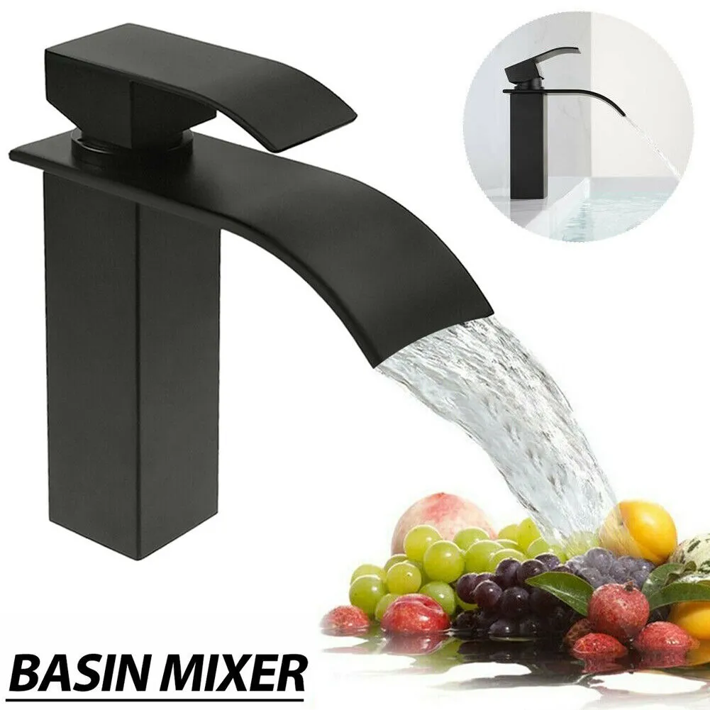 thumbnail image 2 of Becola Matte Black Bathroom Sink Faucet - Waterfall Spout, Deck Mounted, Brass, Low Lead (SD0125) 2 of 6