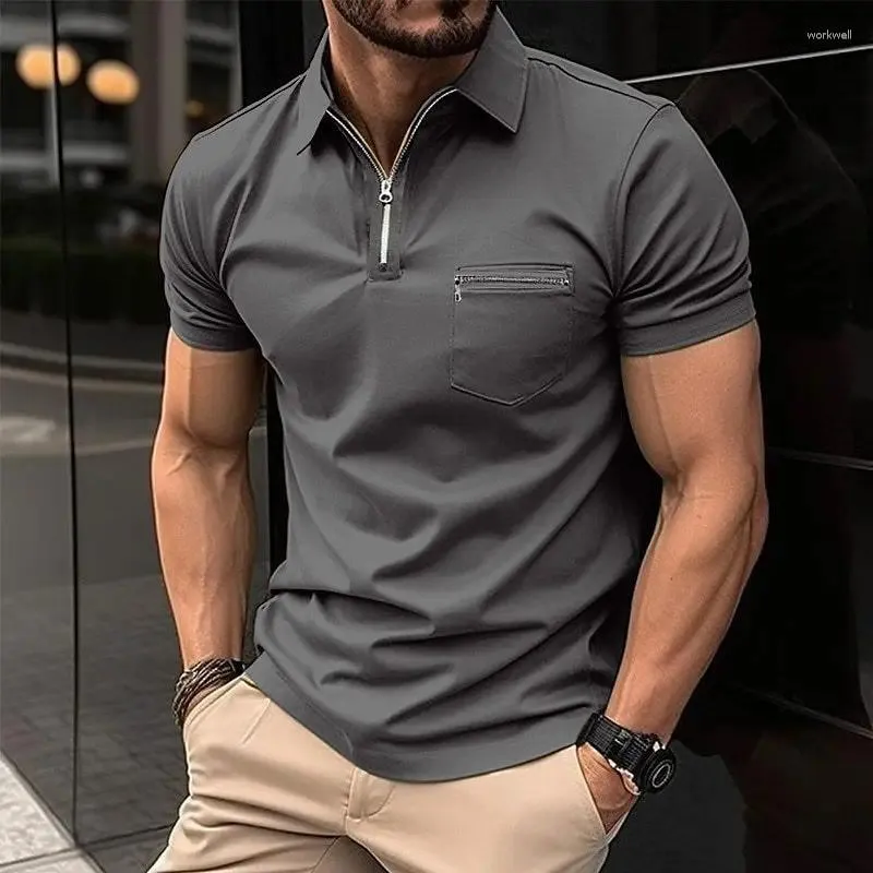 Men s Short Sleeve Polos Casual Solid Color Chest Pocket Zipper Lapel Polo Shirt for Office Summer