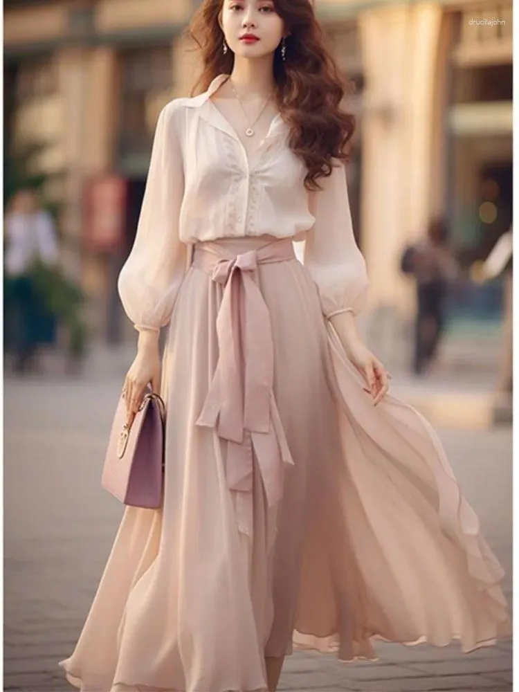 Chic Two-piece Spring/Summer Skirt Set: Elegant Long-Sleeve Shirt with  A-line Midi Skirt and Belt
