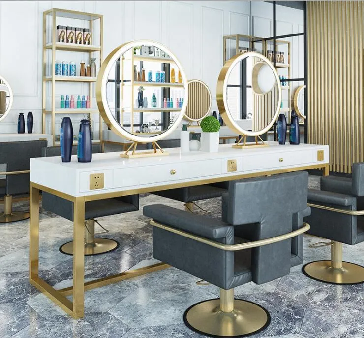 Double-Sided Barber Station with Lights & Mirror - Professional