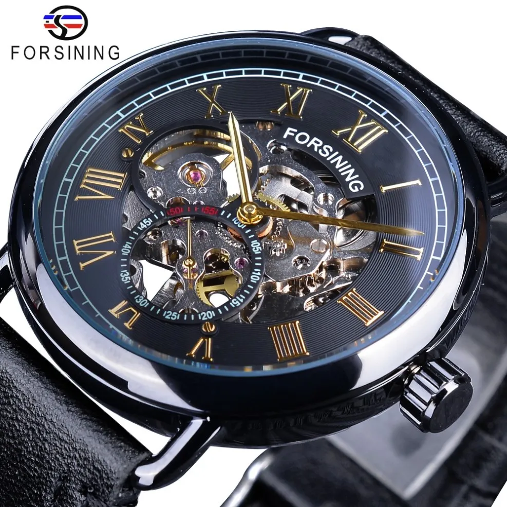 Forsining Black Golden Roman Mechanical Sprained Hand Wind Watch For