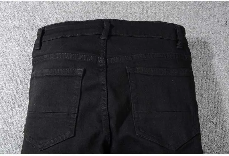 Herren Jeans Slim Fit Ripped Mit Strass Patchwork Schwarz_voghion.com