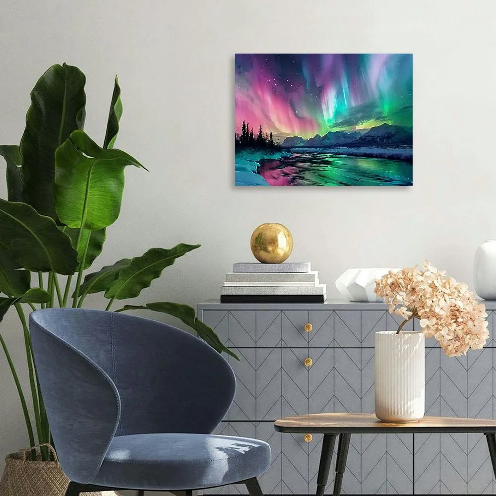 2024Colorful Aurora Borealis Canvas Wall Art Northern Lights Wall Decor Majestic Snow Mountain Forest Lakes Pictures Modern Living Room Decor