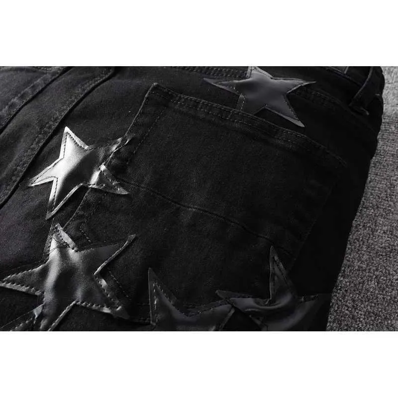 Jeans strappati skinny elasticizzati con fori e patchwork di stelle blu consumate US Drip High Streetwear_voghion.com