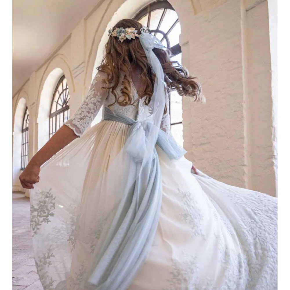 Vintage Princess Lace Floral Ribbon Belt Wedding Dress Wrap for Girls - Communion Flower Girl Bridemini Cotton Gown 0528