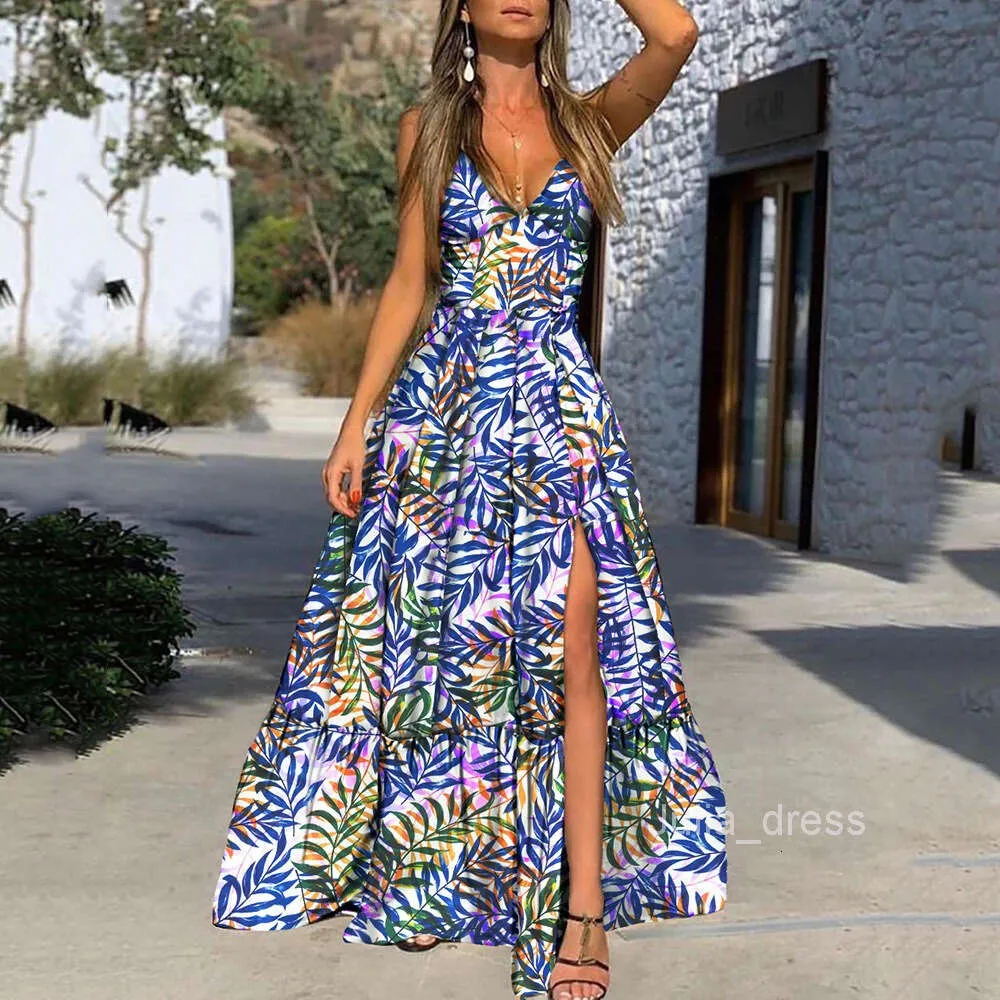 Save Big on Bulk V Neck Beach Dresses Strap Summer Dress Women's V Neck  Printed Leaf Maxi Dress With Hanging Straps For Beach Vacation, Flowing  Split