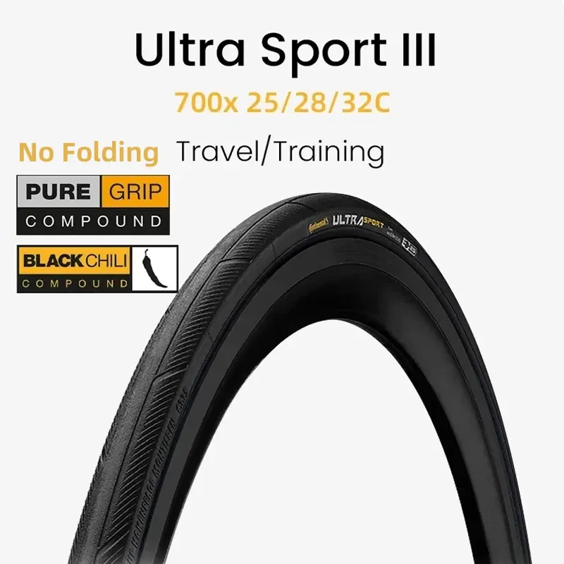Ultra Sport III Road Bike Bicycle Tire 700C x 25C 28C 32C Wire Bead 180 TPI Black with Reflective Sidewall Stripe