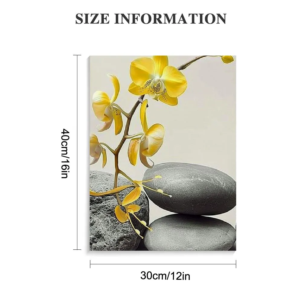 Yellow Orchids Wall Art with Gray Zen Stones Mustard Color Flower