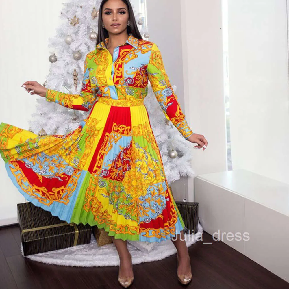 2024 Women's Flare Dress with Collar, Long Sleeves, High Waist, and Slim Fit - Large Size Printed Casual Dress