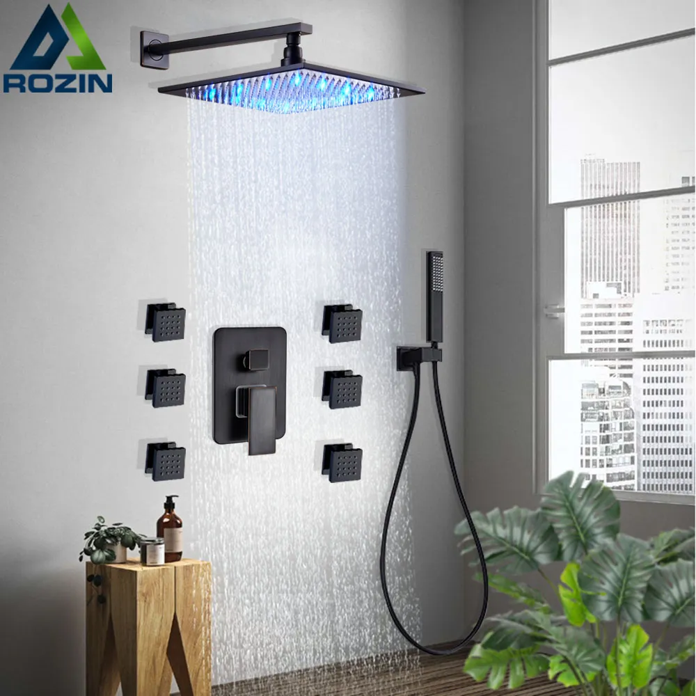 Bronze LED Shower Set with Wall-Mounted Rainfall Showerhead, 6 Body ...