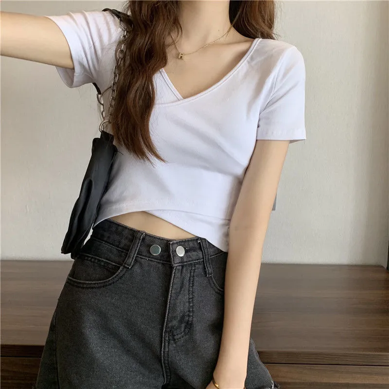 Solid Crop Top Women T-shirt Cropped Slim High Waist Short Sleeve ...