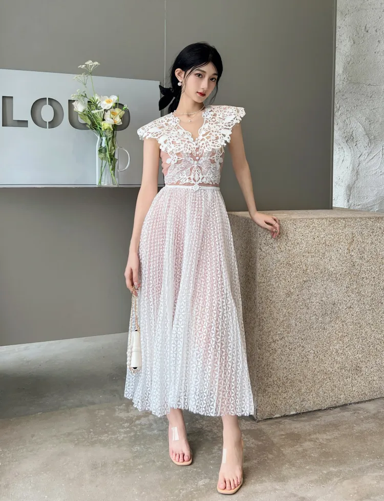 White Crochet Lace Dress with Flying Sleeves Hollow Out Patchwork Flower  Mesh Pleated for Women from Dhgate Womens Tanks & Camis - price 207.75