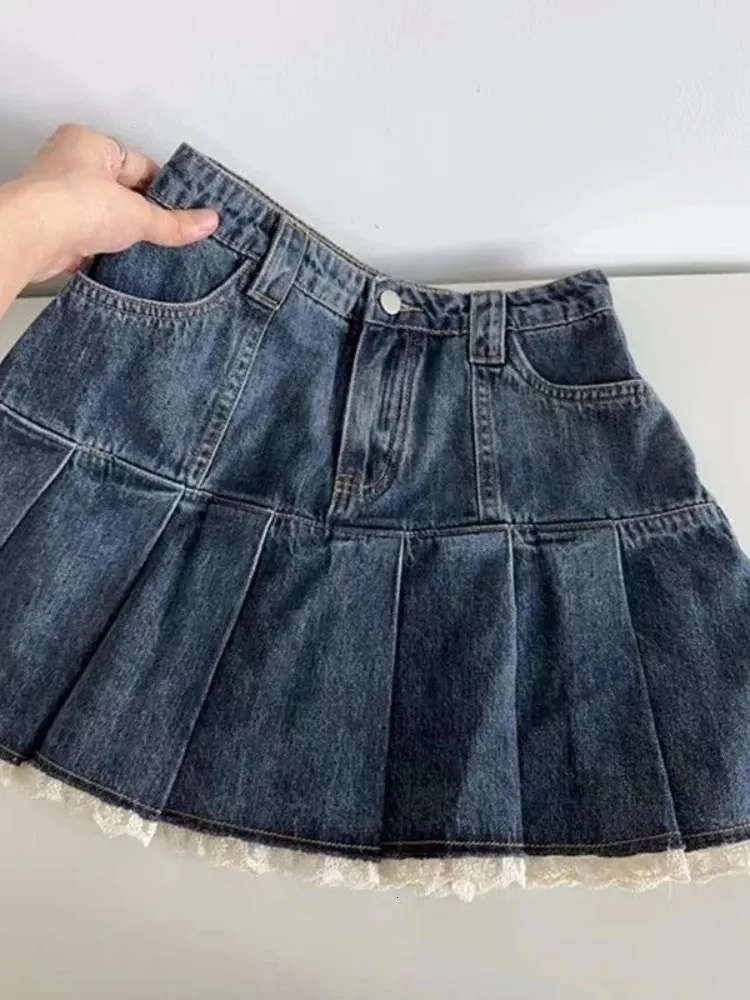 Pleated Denim Mini Skirt: High Waisted Aline Skirt With Lace