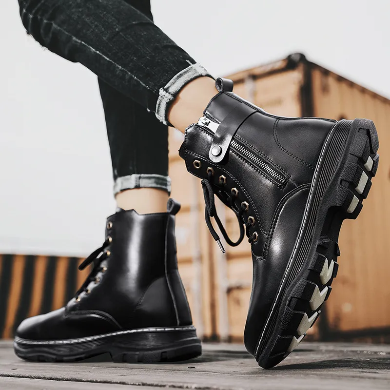 Mens Vintage Leather Ankle Boots with Side Zipper - Casual