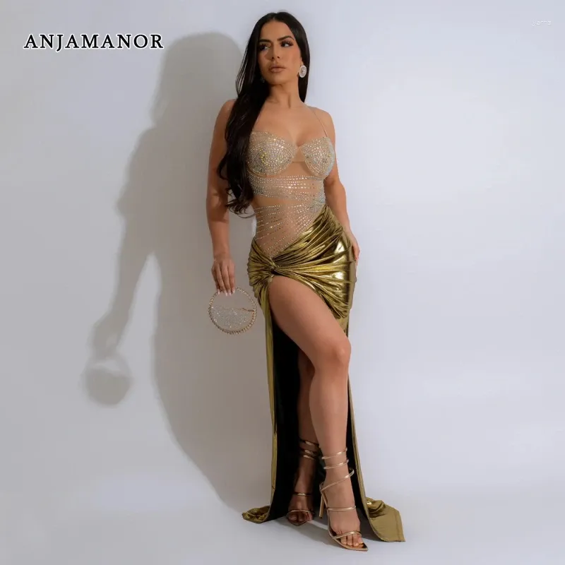 Casual Dresses ANJAMANOR Crystal Mesh Sheer High Split Maxi Dress  Floor-Length Polyester from Dhgate Basic & Casual Dresses - price 48.46