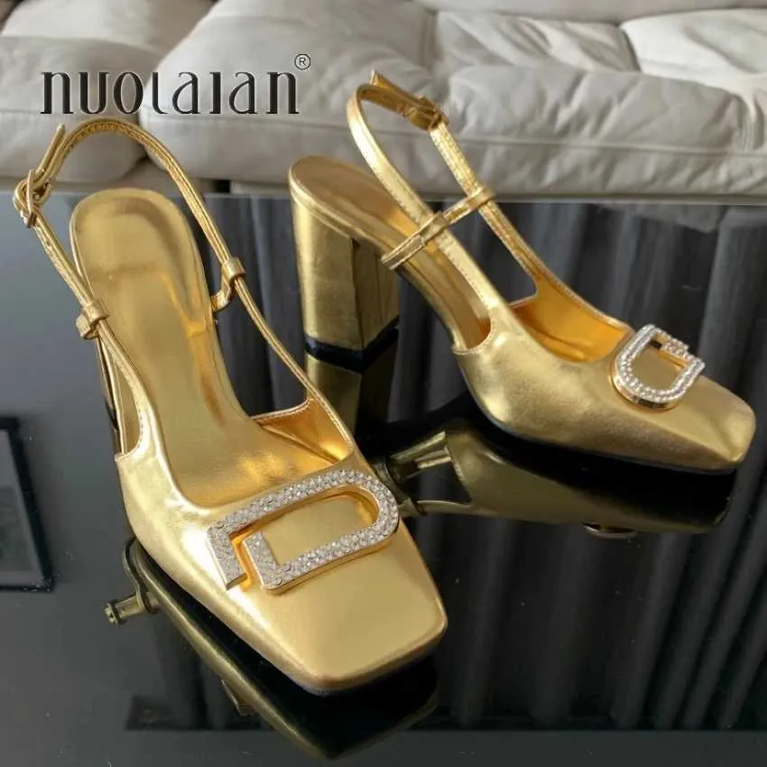 Women s Modern Office Wedding Metal Slingback High Heels Gold Block Heel Spring Summer Pumps Chunky Heels H240527