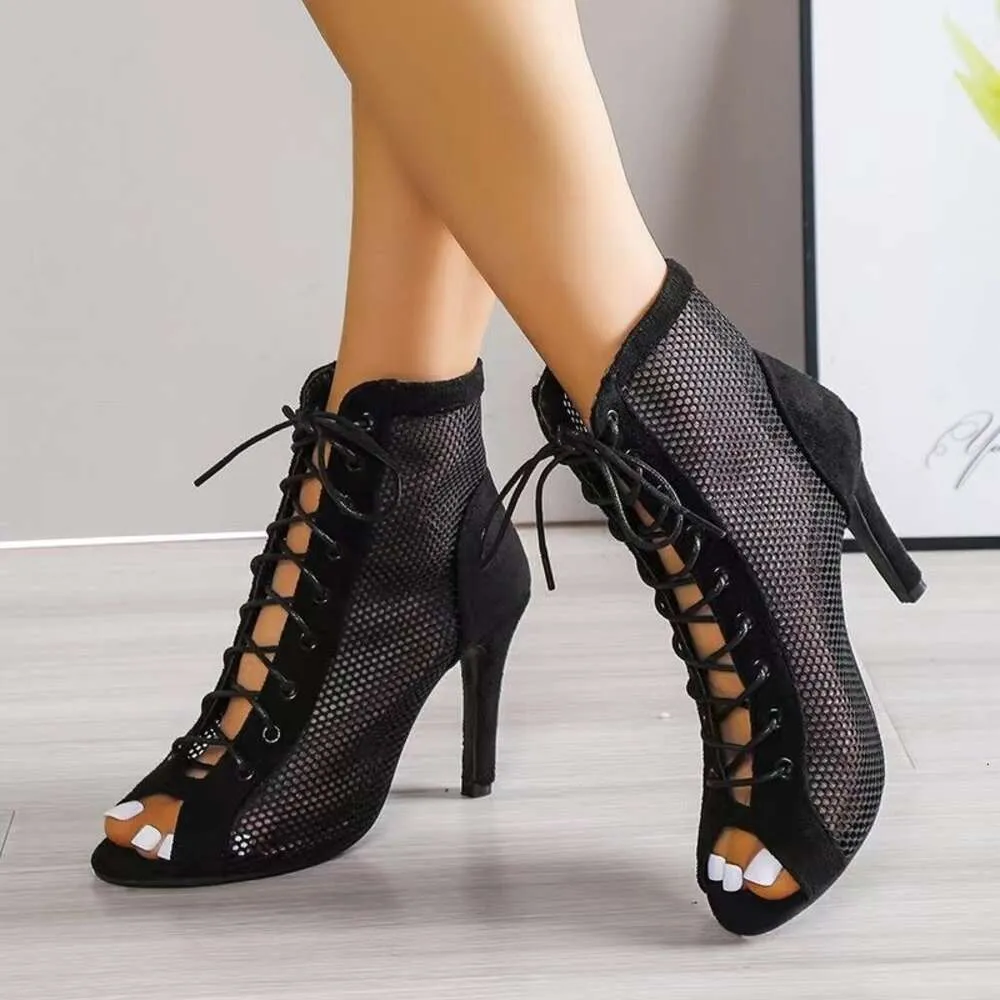 Women Fashion New Show Net Fabric Cross Strap Sexy High Heel Woman Shoes Pumps Lace Up Peep Toe Sandals Casual Mesh_desvips.com