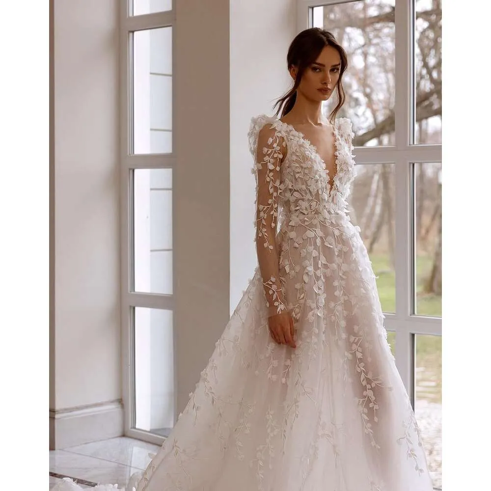 Elegant Lace Leaf Deep V Wedding Dress with V-Neckline
