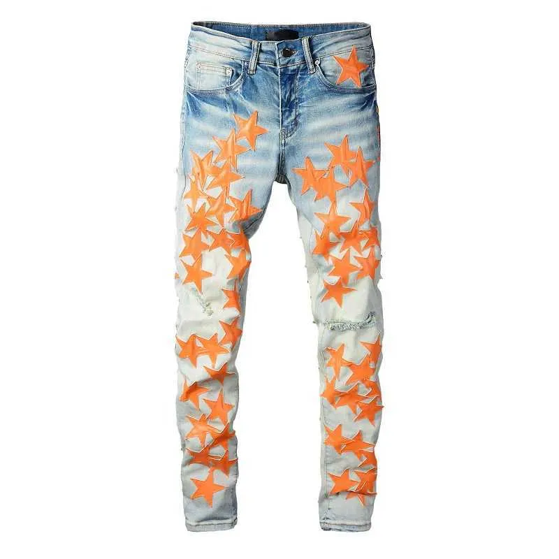Jeans strappati skinny elasticizzati con fori e patchwork di stelle blu consumate US Drip High Streetwear_voghion.com