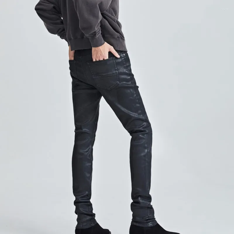 Men's Skinny Dark Black Wax Coated Stretch Jeans with Zipper Fly