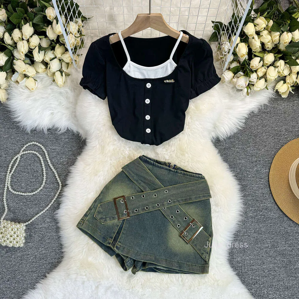 2024 Summer Womens Denim Skirt and T-Shirt Set: Cross Design Spicy