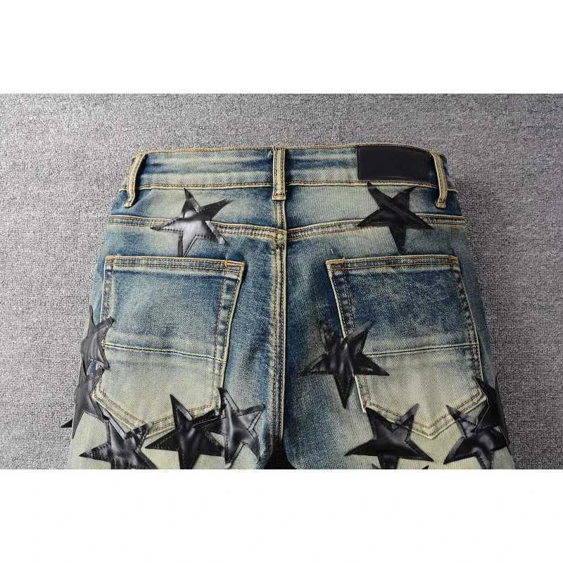 US Drip High Streetwear Distressed Blue Stars Patchwork Skinny Stretch Hole Ripped Jeans_voghion.com