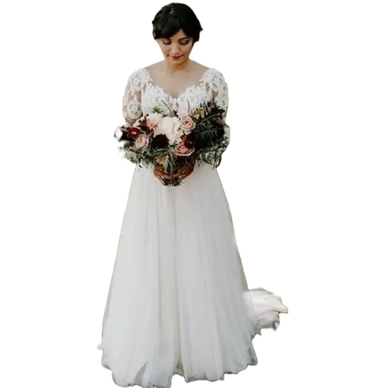 Elegant Lace A-line Tulle Wedding Dress with Long Sleeves Elegant Lace A-line Tulle Wedding Dress with Long Sleeves