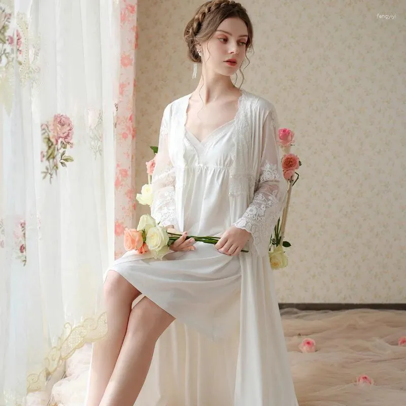 Womens Sleepwear Vintage Cotton Robe Sets Long Dressing Gown Princess White Peignoir Sleeping Dress Spring Autumn V Neck Nightdress Two From Fengyiyi 25.83 DHgate.Com