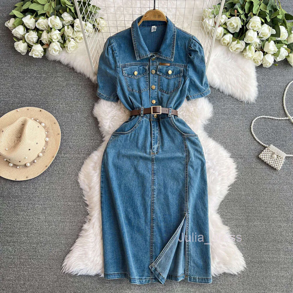 white christmas dresses Smocked Tube Slit Tiered Denim Dress Light Blue / S main image 0